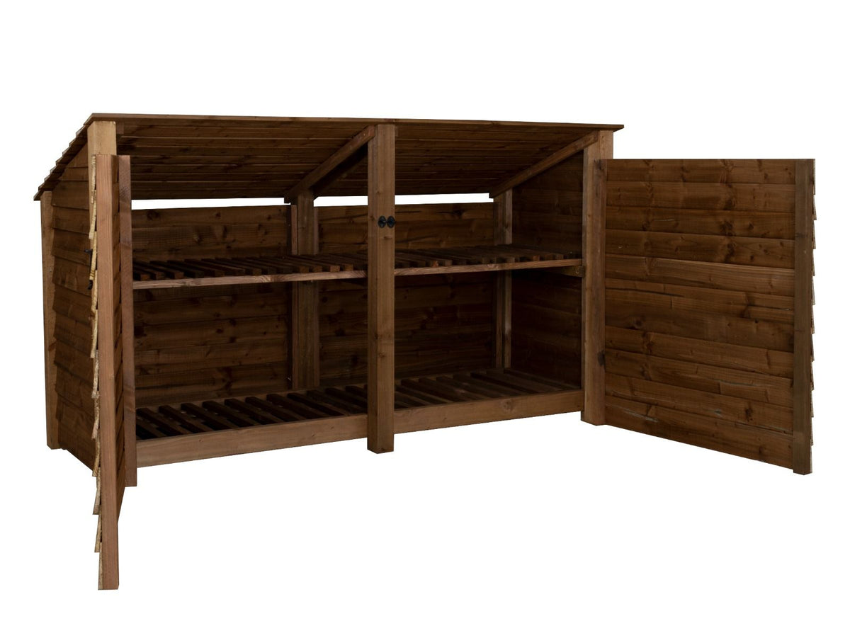 Wooden Log Store (Roof Sloping Back) with Doors and Shelf W-227cm, H-126cm or 180cm, D-88cm - Brown Finish - SGP Garden Ltd