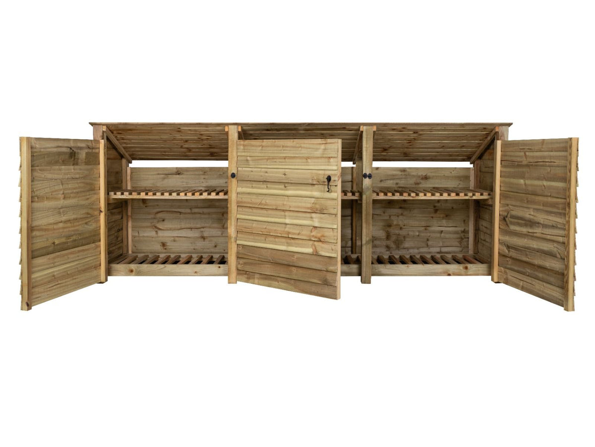 Wooden Log Store (Roof Sloping Back) with Doors and Shelf W-335cm, H-126cm or 180cm, D-88cm - SGP Garden Ltd