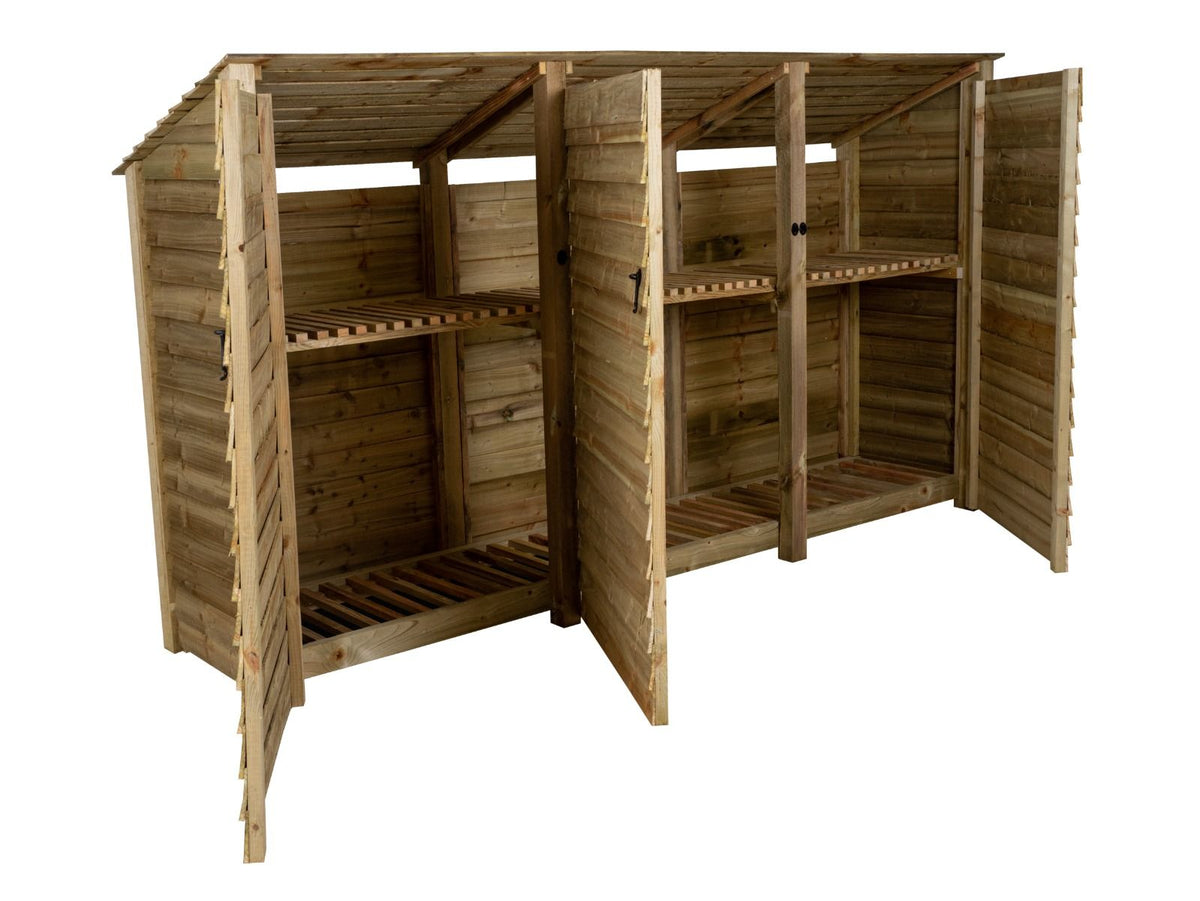 Wooden Log Store (Roof Sloping Back) with Doors and Shelf W-335cm, H-126cm or 180cm, D-88cm - SGP Garden Ltd