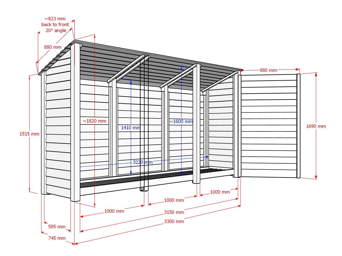 Wooden Log Store (Roof Sloping Back) with Doors and Shelf W-335cm, H-126cm or 180cm, D-88cm - SGP Garden Ltd