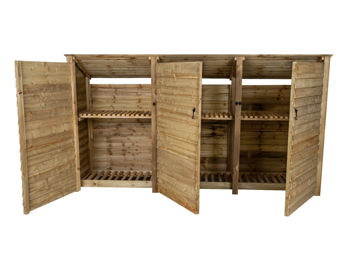 Wooden Log Store (Roof Sloping Back) with Doors and Shelf W-335cm, H-126cm or 180cm, D-88cm - SGP Garden Ltd