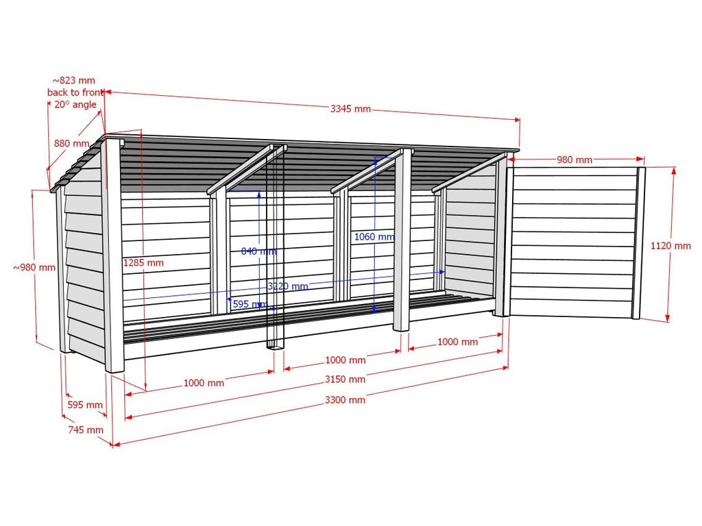 Wooden Log Store (Roof Sloping Back) with Doors and Shelf W-335cm, H-126cm or 180cm, D-88cm - SGP Garden Ltd