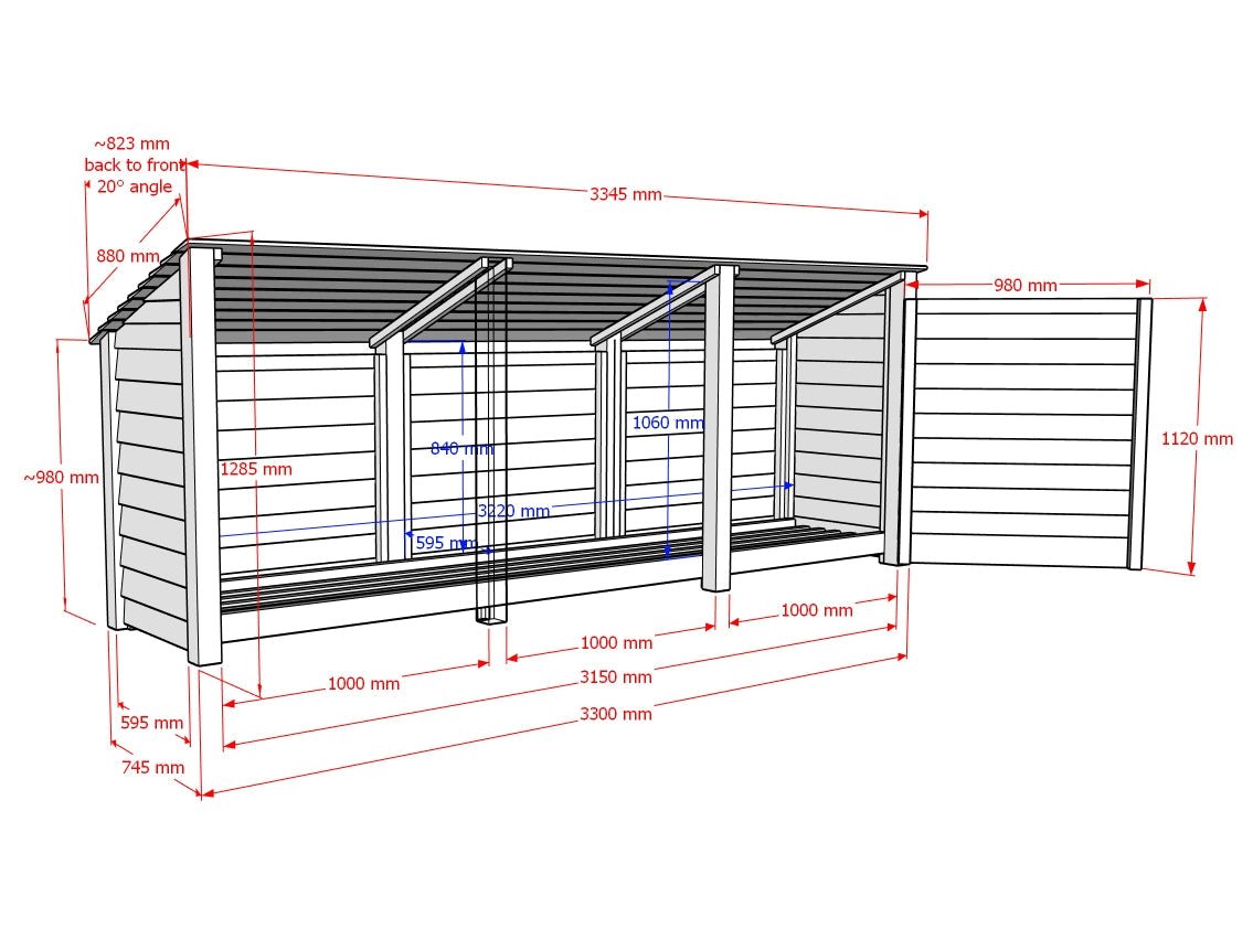 Wooden Log Store (Roof Sloping Back) with Doors and Shelf W-335cm, H-126cm or 180cm, D-88cm - SGP Garden Ltd