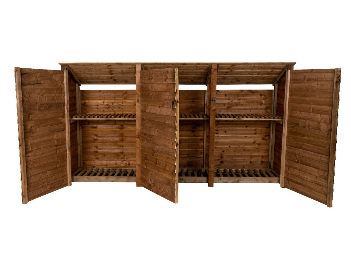 Wooden Log Store (Roof Sloping Back) with Doors and Shelf W-335cm, H-126cm or 180cm, D-88cm - Brown Finish - SGP Garden Ltd