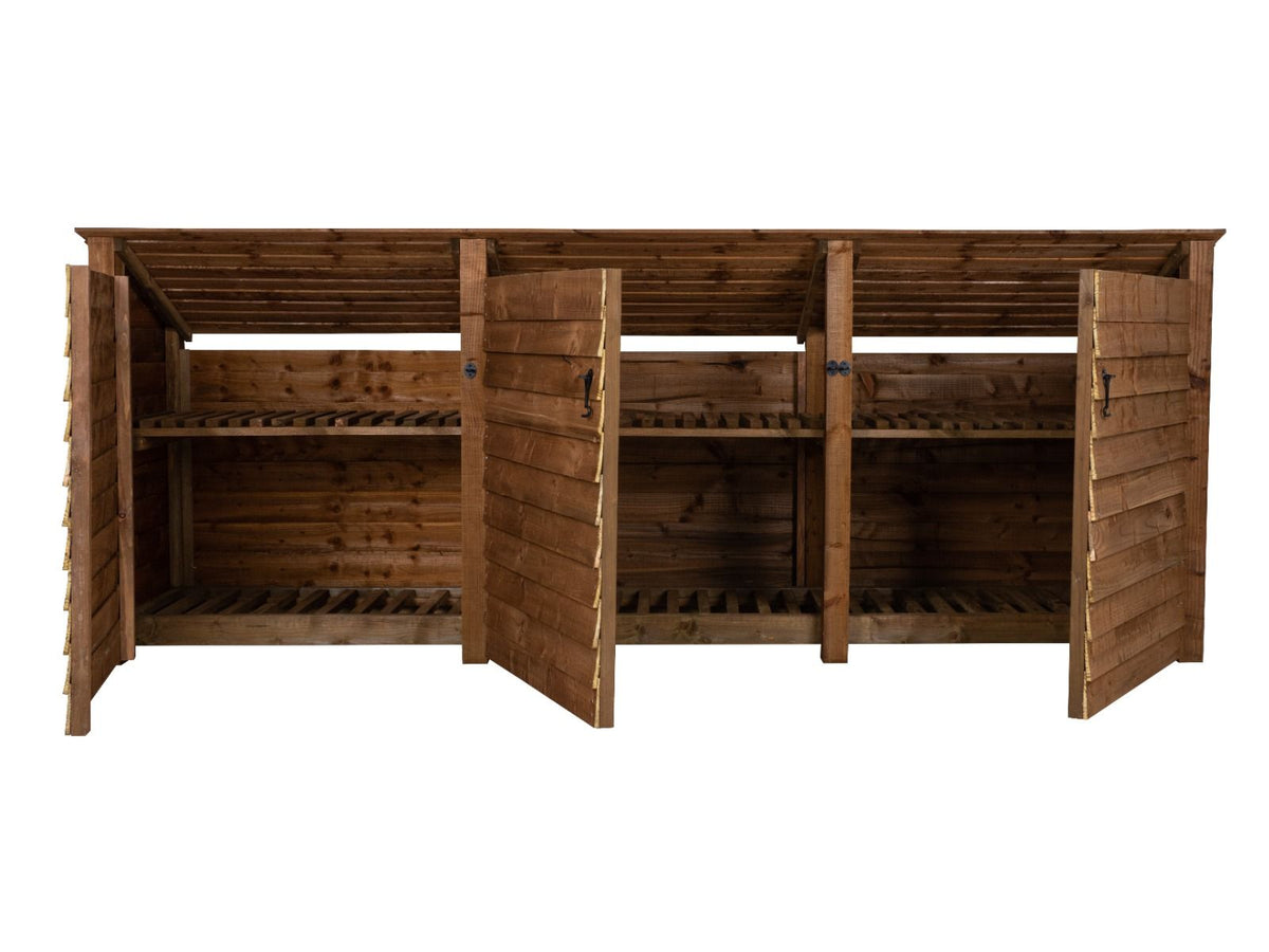 Wooden Log Store (Roof Sloping Back) with Doors and Shelf W-335cm, H-126cm or 180cm, D-88cm - Brown Finish - SGP Garden Ltd