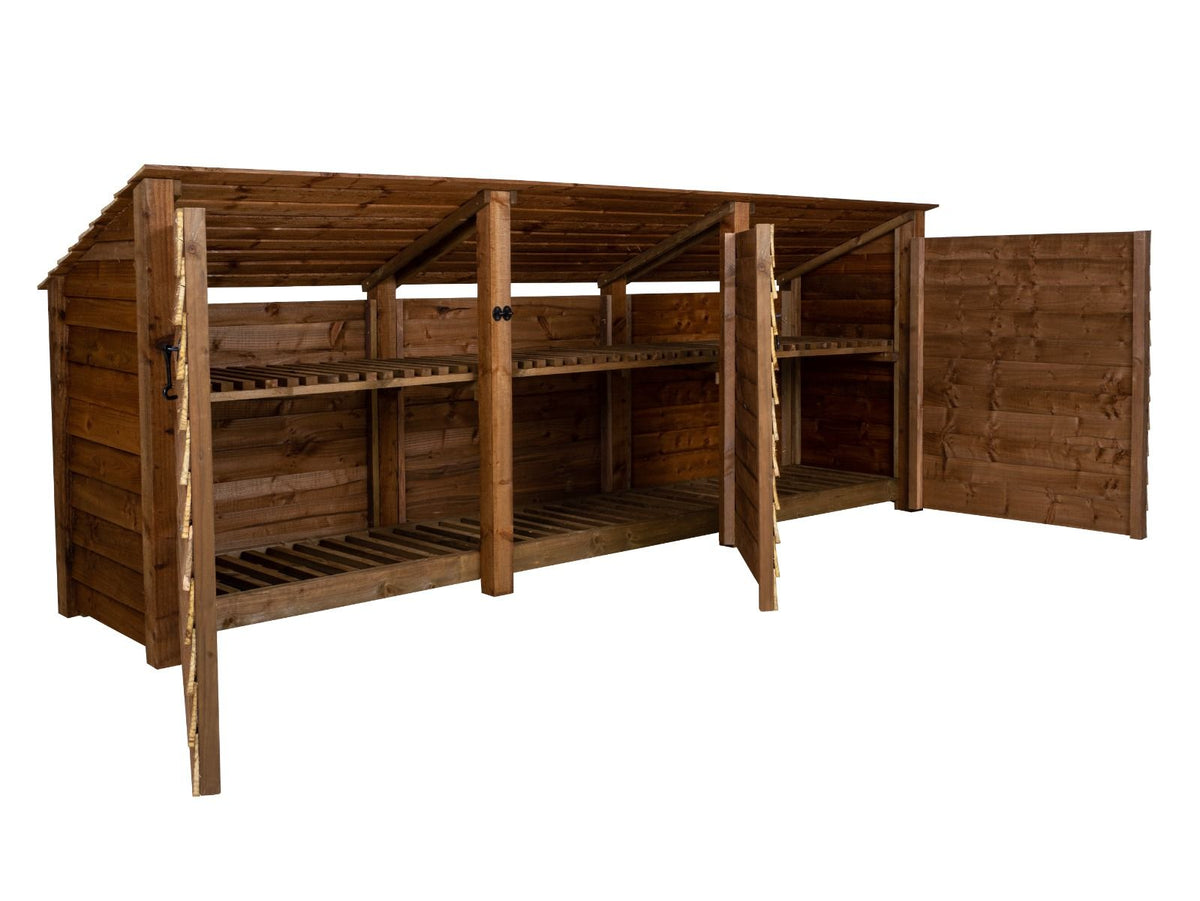 Wooden Log Store (Roof Sloping Back) with Doors and Shelf W-335cm, H-126cm or 180cm, D-88cm - Brown Finish - SGP Garden Ltd