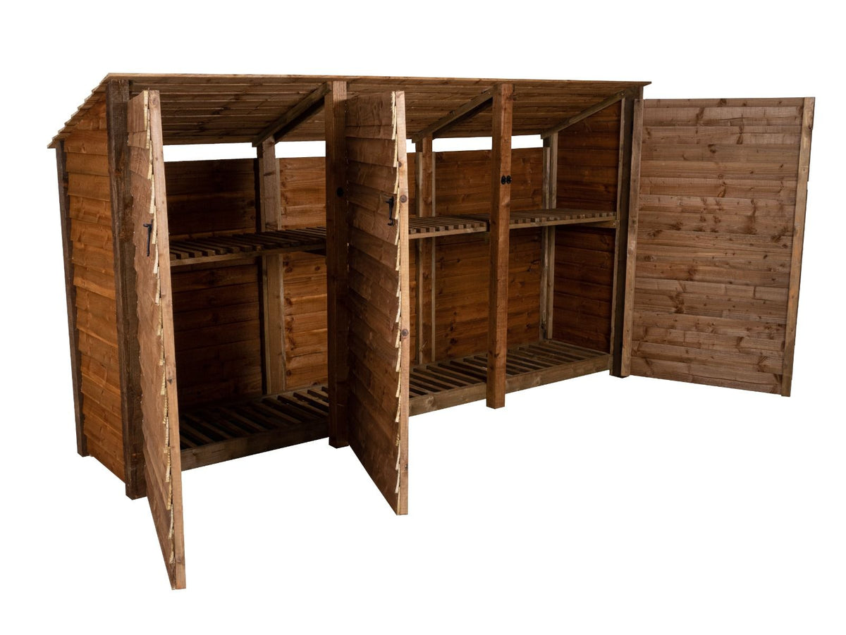 Wooden Log Store (Roof Sloping Back) with Doors and Shelf W-335cm, H-126cm or 180cm, D-88cm - Brown Finish - SGP Garden Ltd