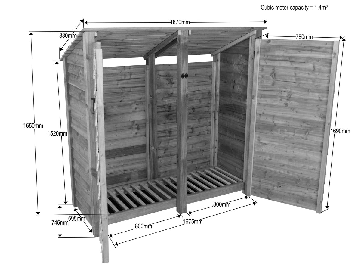 Wooden Log Store (Roof Sloping Back) with Doors W-187cm, H-126cm or 180cm, D-88cm - SGP Garden Ltd