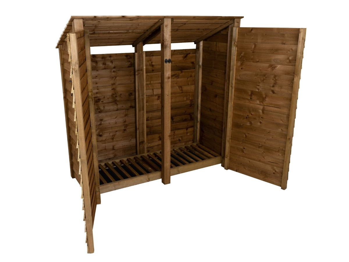 Wooden Log Store (Roof Sloping Back) with Doors W-187cm, H-126cm or 180cm, D-88cm - Brown Finish - SGP Garden Ltd
