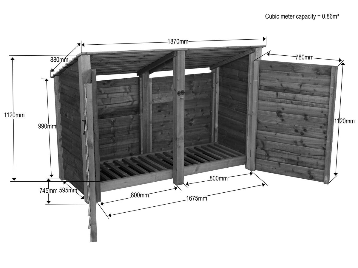 Wooden Log Store (Roof Sloping Back) with Doors W-187cm, H-126cm or 180cm, D-88cm - Brown Finish - SGP Garden Ltd
