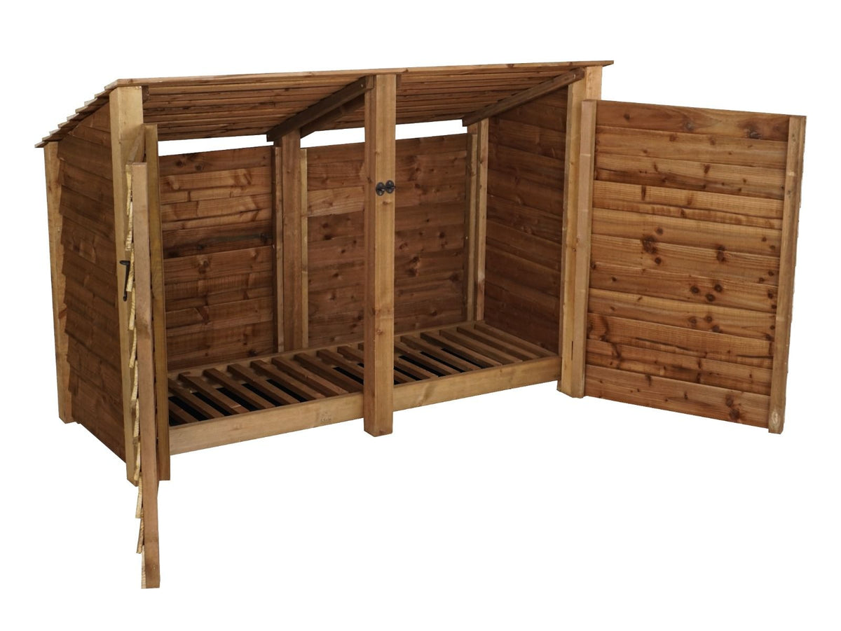 Wooden Log Store (Roof Sloping Back) with Doors W-187cm, H-126cm or 180cm, D-88cm - Brown Finish - SGP Garden Ltd