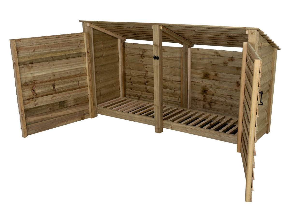 Wooden Log Store (Roof Sloping Back) with Doors W-227cm, H-126cm or 180cm, D-88cm - SGP Garden Ltd