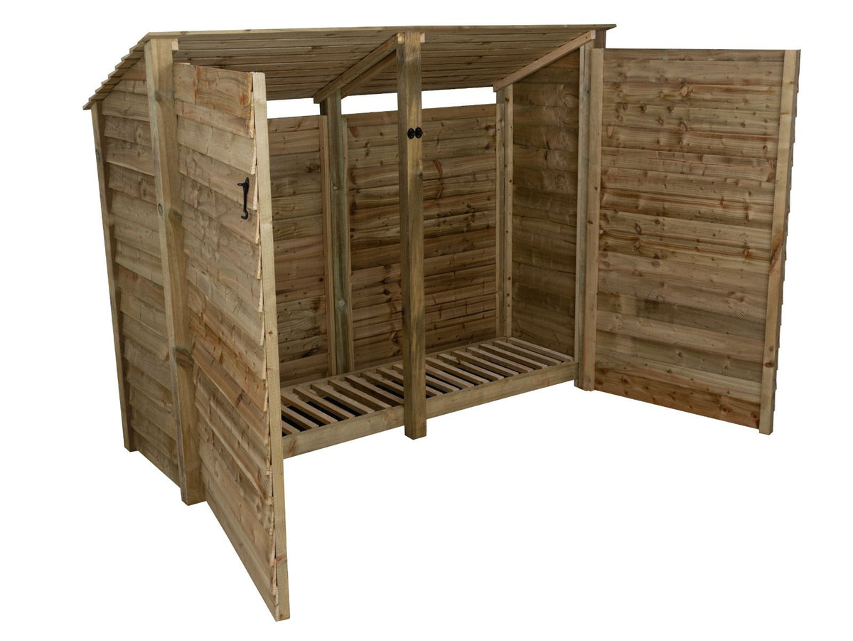 Wooden Log Store (Roof Sloping Back) with Doors W-227cm, H-126cm or 180cm, D-88cm - SGP Garden Ltd