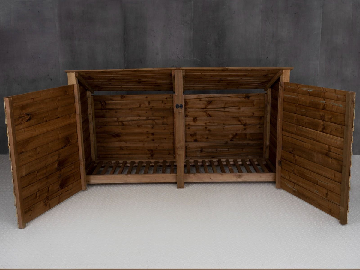 Wooden Log Store (Roof Sloping Back) with Doors W-227cm, H-126cm or 180cm, D-88cm - Brown Finish - SGP Garden Ltd