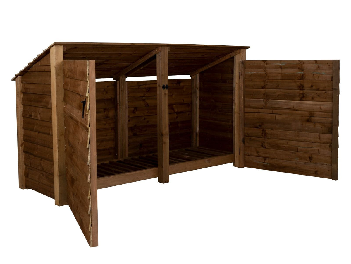 Wooden Log Store (Roof Sloping Back) with Doors W-227cm, H-126cm or 180cm, D-88cm - Brown Finish - SGP Garden Ltd