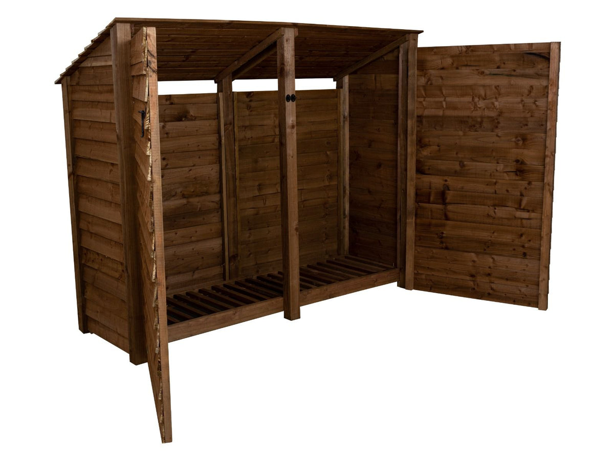 Wooden Log Store (Roof Sloping Back) with Doors W-227cm, H-126cm or 180cm, D-88cm - Brown Finish - SGP Garden Ltd
