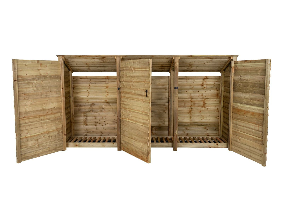 Wooden Log Store (Roof Sloping Back) with Doors W-335cm, H-126cm or 180cm, D-88cm - SGP Garden Ltd