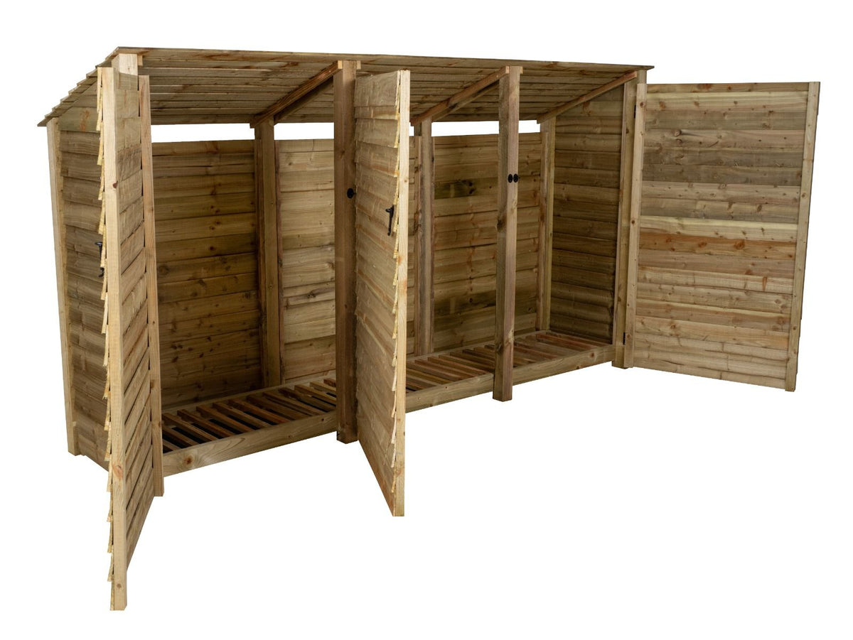 Wooden Log Store (Roof Sloping Back) with Doors W-335cm, H-126cm or 180cm, D-88cm - SGP Garden Ltd