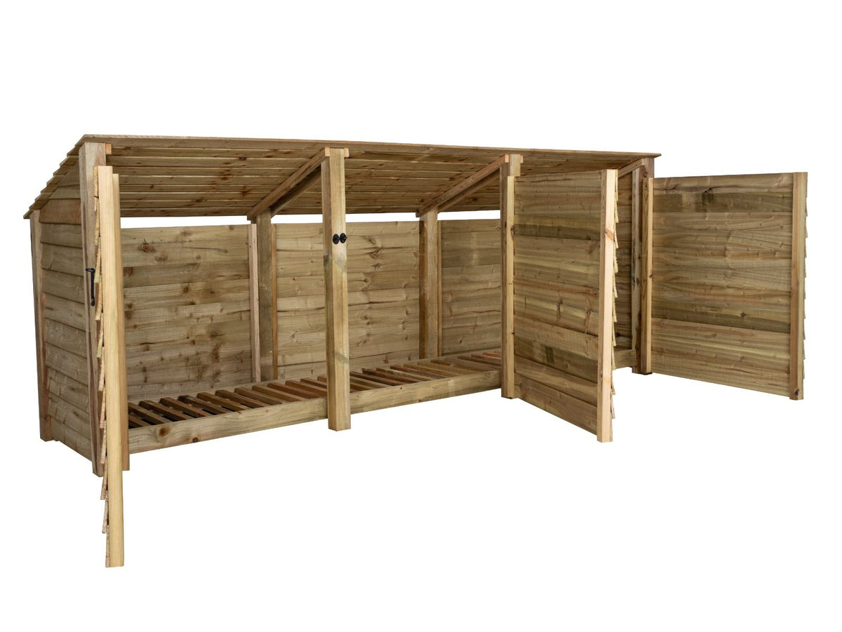 Wooden Log Store (Roof Sloping Back) with Doors W-335cm, H-126cm or 180cm, D-88cm - SGP Garden Ltd