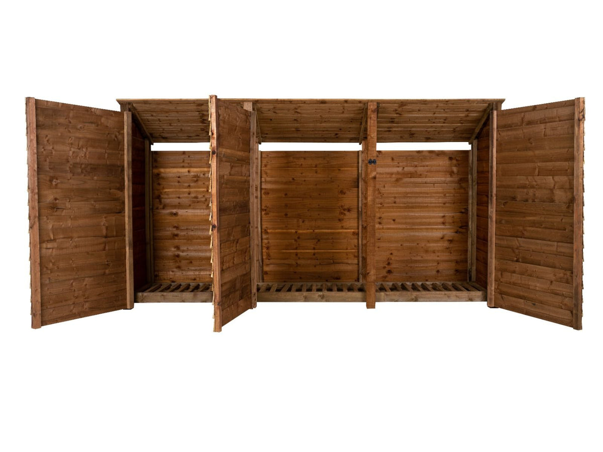 Wooden Log Store (Roof Sloping Back) with Doors W-335cm, H-126cm or 180cm, D-88cm - Brown Finish - SGP Garden Ltd