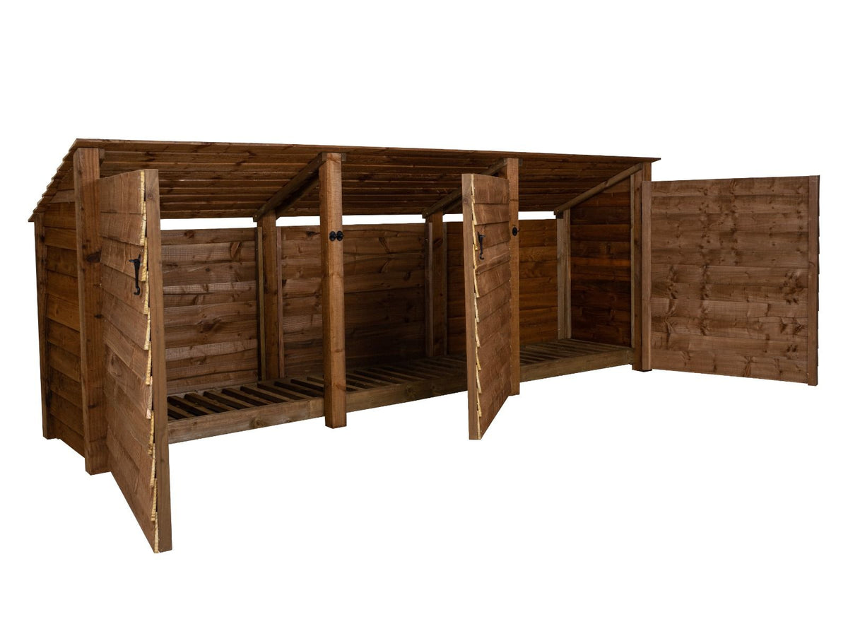 Wooden Log Store (Roof Sloping Back) with Doors W-335cm, H-126cm or 180cm, D-88cm - Brown Finish - SGP Garden Ltd