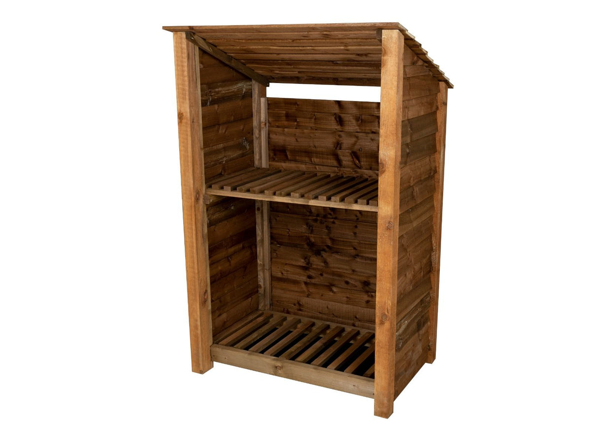 Wooden Log Store (Roof Sloping Back) with Shelf W-119cm, H-126cm or 180cm, D-88cm - Brown Finish - SGP Garden Ltd