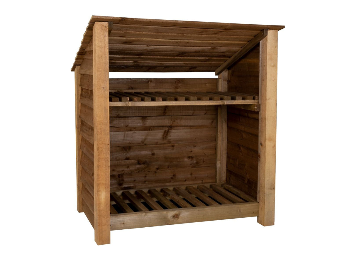 Wooden Log Store (Roof Sloping Back) with Shelf W-119cm, H-126cm or 180cm, D-88cm - Brown Finish - SGP Garden Ltd