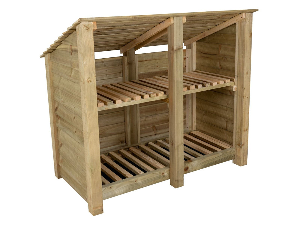 Wooden Log Store (Roof Sloping Back) with Shelf W-146cm, H-126cm or 180cm, D-88cm - SGP Garden Ltd