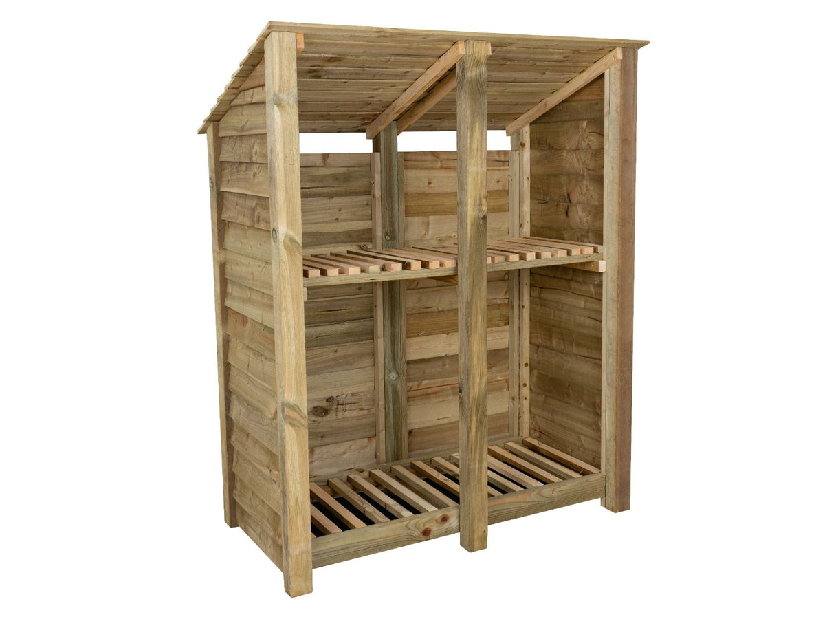 Wooden Log Store (Roof Sloping Back) with Shelf W-146cm, H-126cm or 180cm, D-88cm - SGP Garden Ltd