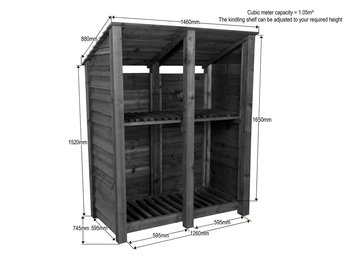 Wooden Log Store (Roof Sloping Back) with Shelf W-146cm, H-126cm or 180cm, D-88cm - Brown Finish - SGP Garden Ltd