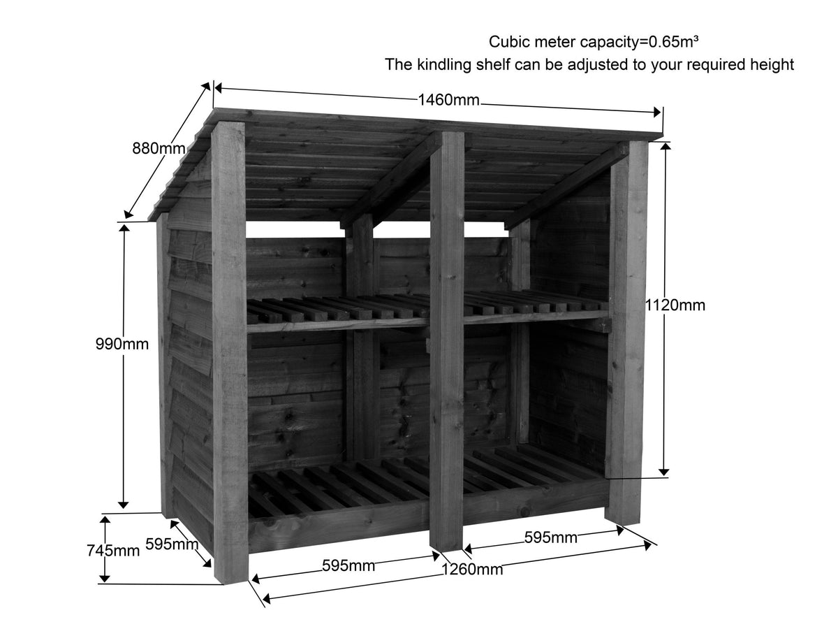 Wooden Log Store (Roof Sloping Back) with Shelf W-146cm, H-126cm or 180cm, D-88cm - Brown Finish - SGP Garden Ltd