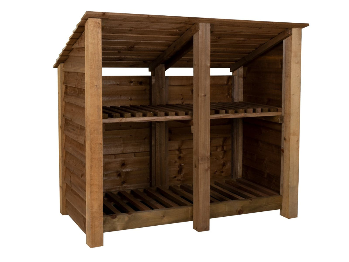 Wooden Log Store (Roof Sloping Back) with Shelf W-146cm, H-126cm or 180cm, D-88cm - Brown Finish - SGP Garden Ltd