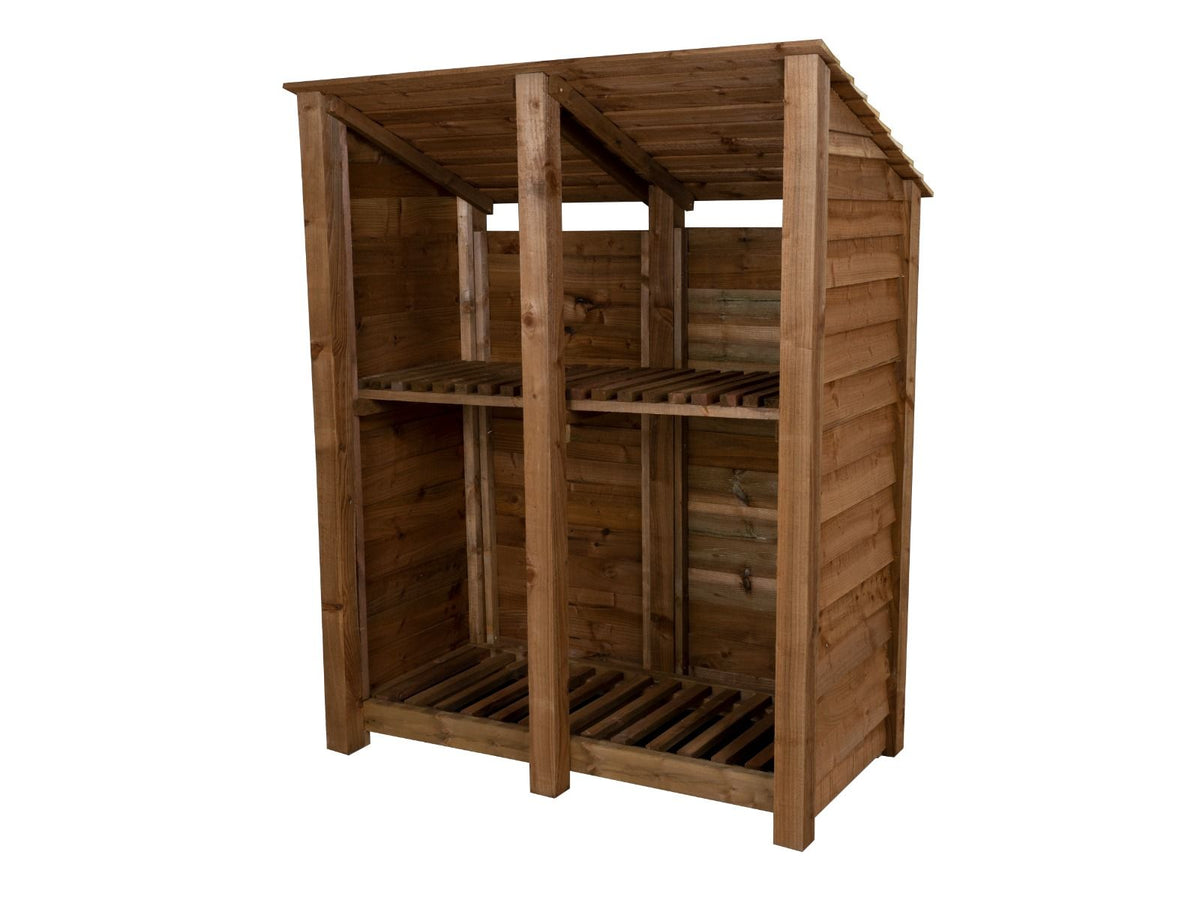 Wooden Log Store (Roof Sloping Back) with Shelf W-146cm, H-126cm or 180cm, D-88cm - Brown Finish - SGP Garden Ltd