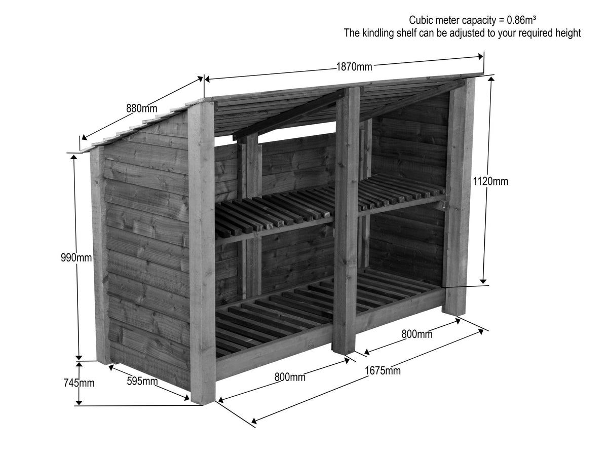Wooden Log Store (Roof Sloping Back) with Shelf W-187cm, H-126cm or 180cm, D-88cm - SGP Garden Ltd
