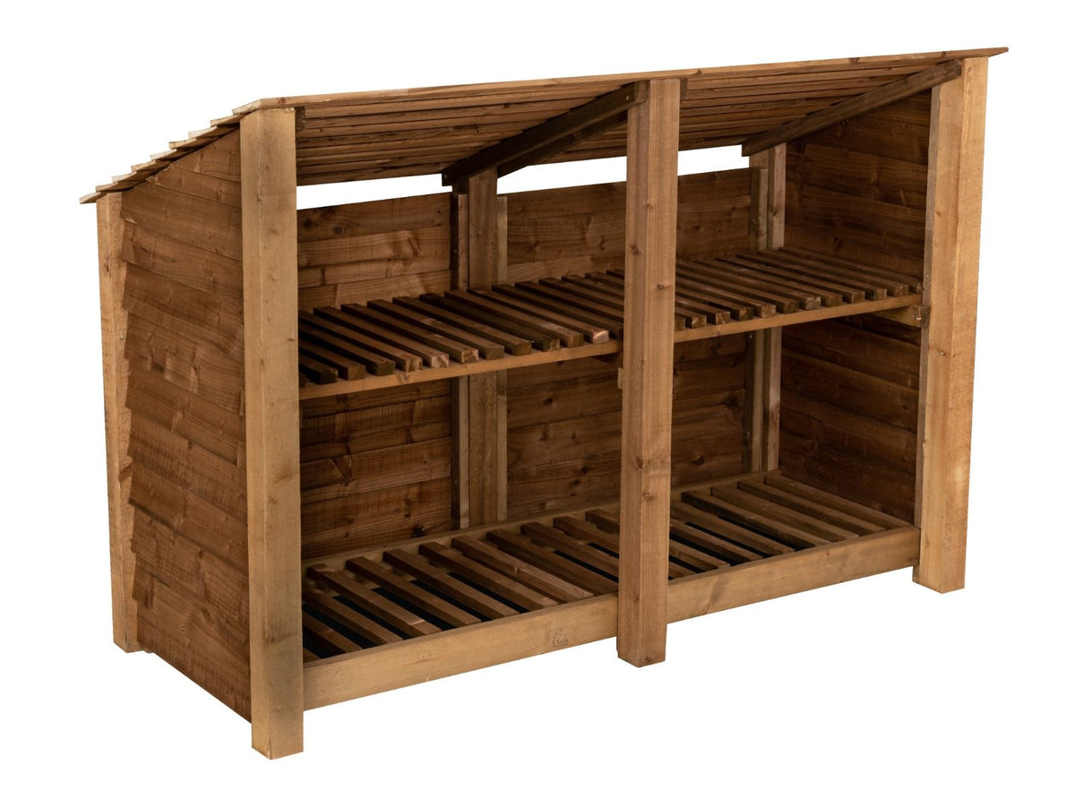 Wooden Log Store (Roof Sloping Back) with Shelf W-187cm, H-126cm or 180cm, D-88cm - Brown Finish - SGP Garden Ltd