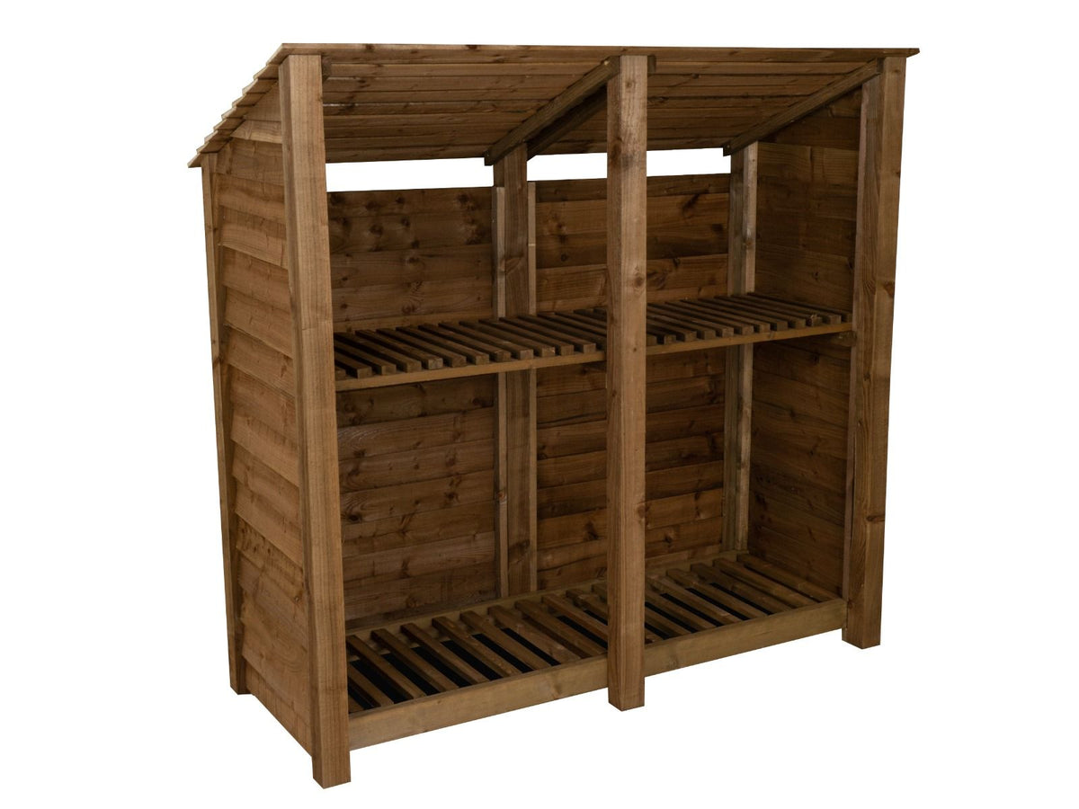 Wooden Log Store (Roof Sloping Back) with Shelf W-187cm, H-126cm or 180cm, D-88cm - Brown Finish - SGP Garden Ltd