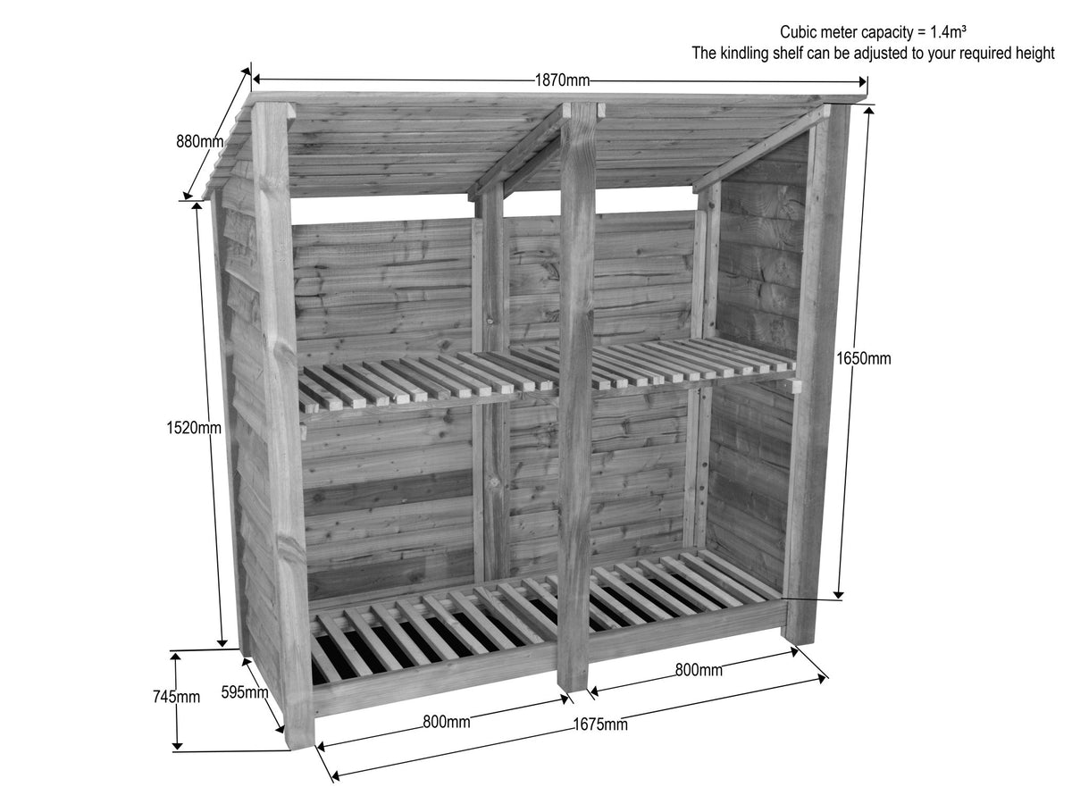 Wooden Log Store (Roof Sloping Back) with Shelf W-187cm, H-126cm or 180cm, D-88cm - Brown Finish - SGP Garden Ltd