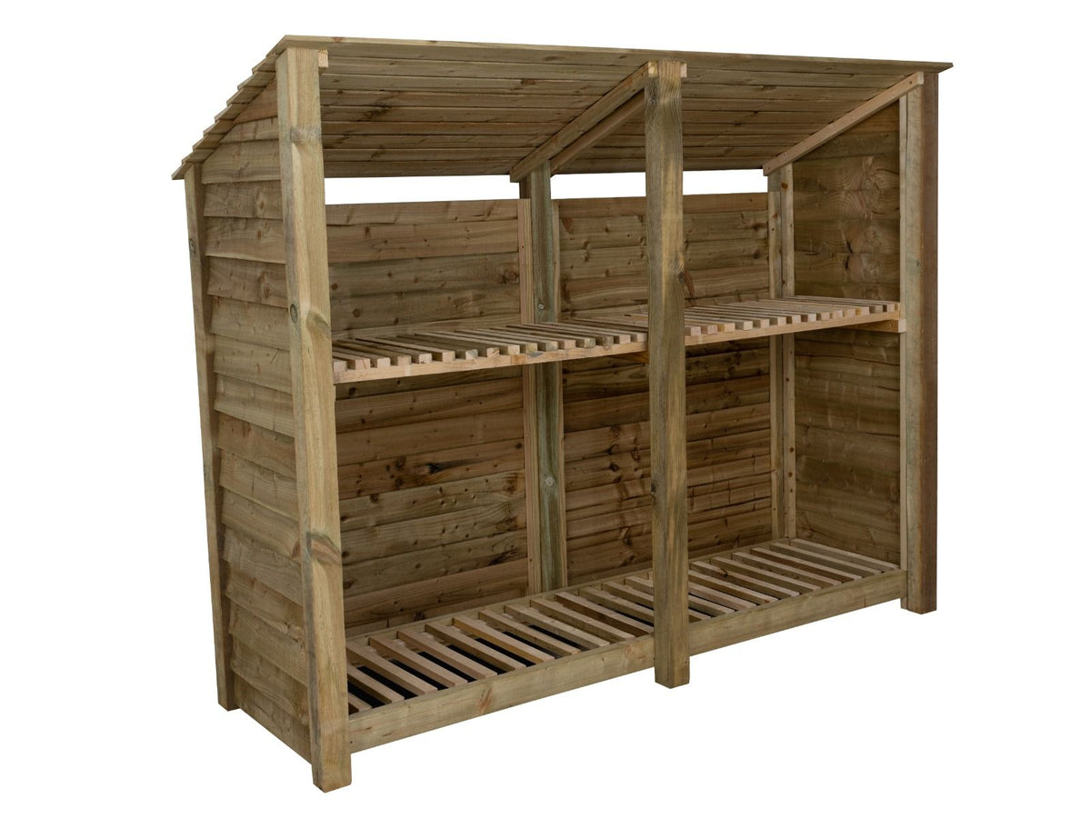 Wooden Log Store (Roof Sloping Back) with Shelf W-227cm, H-126cm or 180cm, D-88cm - SGP Garden Ltd