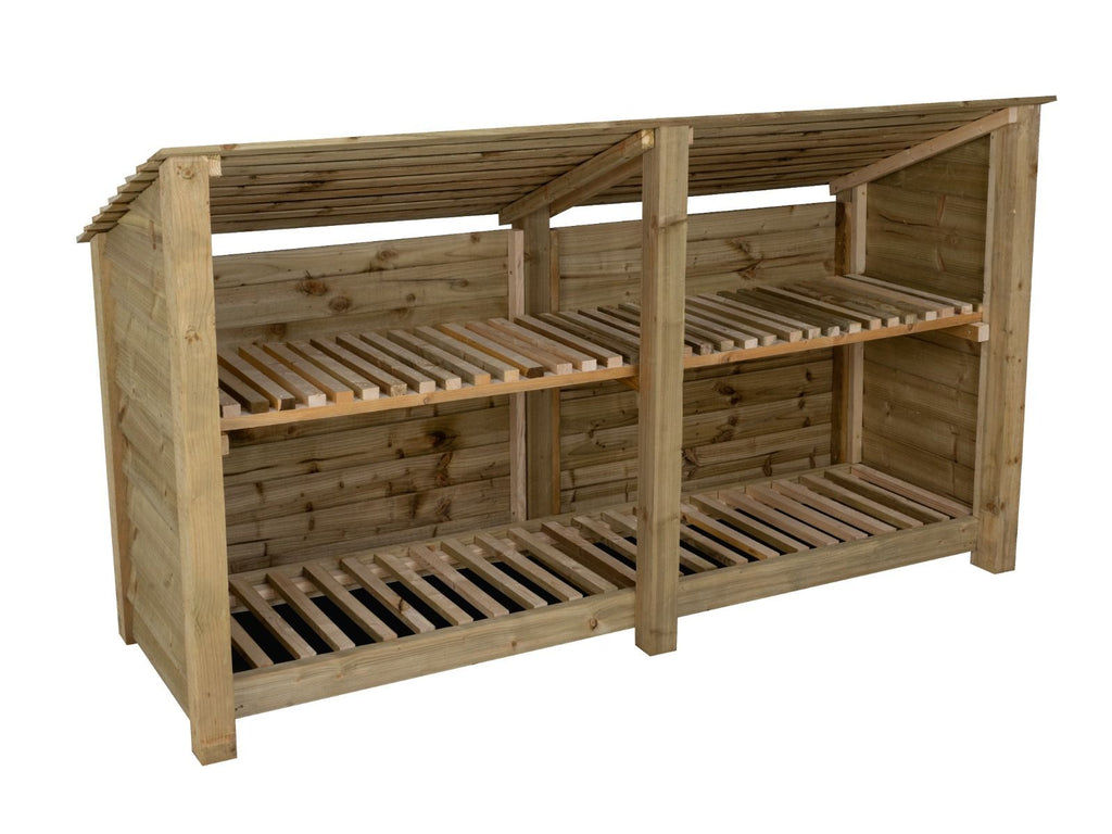 Wooden Log Store (Roof Sloping Back) with Shelf W-227cm, H-126cm or 180cm, D-88cm - SGP Garden Ltd
