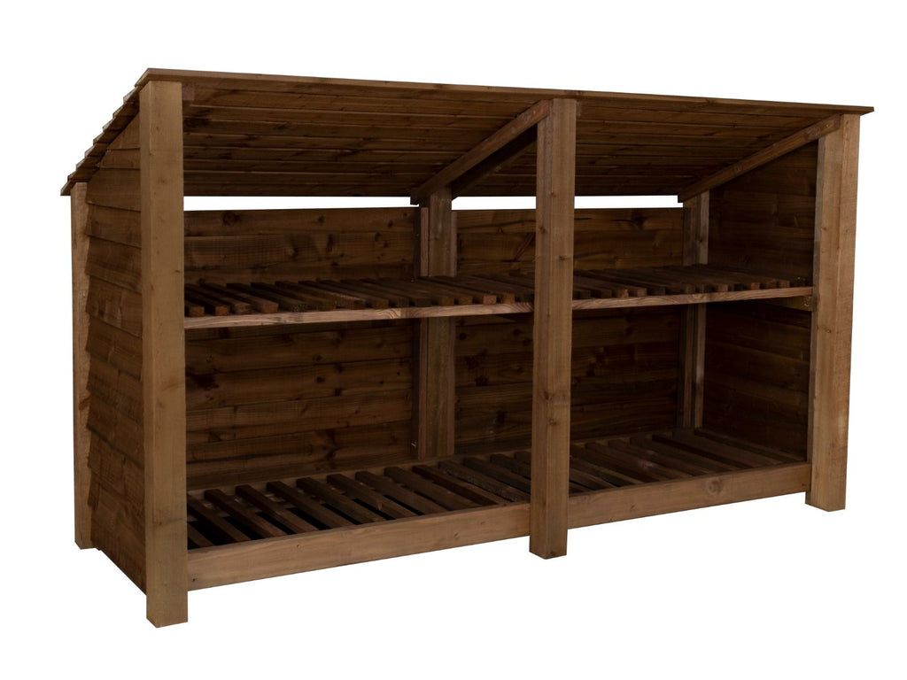Wooden Log Store (Roof Sloping Back) with Shelf W-227cm, H-126cm or 180cm, D-88cm - Brown Finish - SGP Garden Ltd