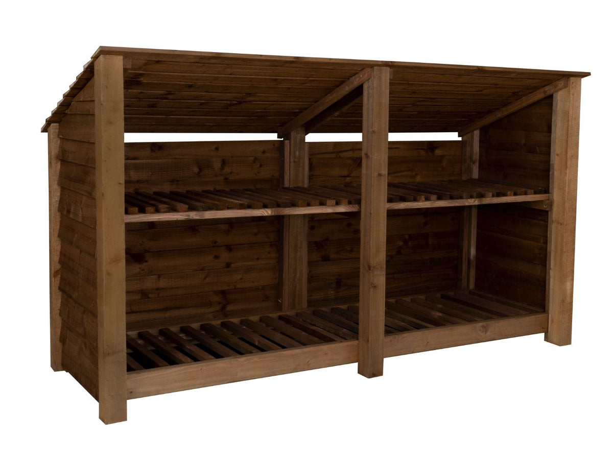 Wooden Log Store (Roof Sloping Back) with Shelf W-227cm, H-126cm or 180cm, D-88cm - Brown Finish - SGP Garden Ltd