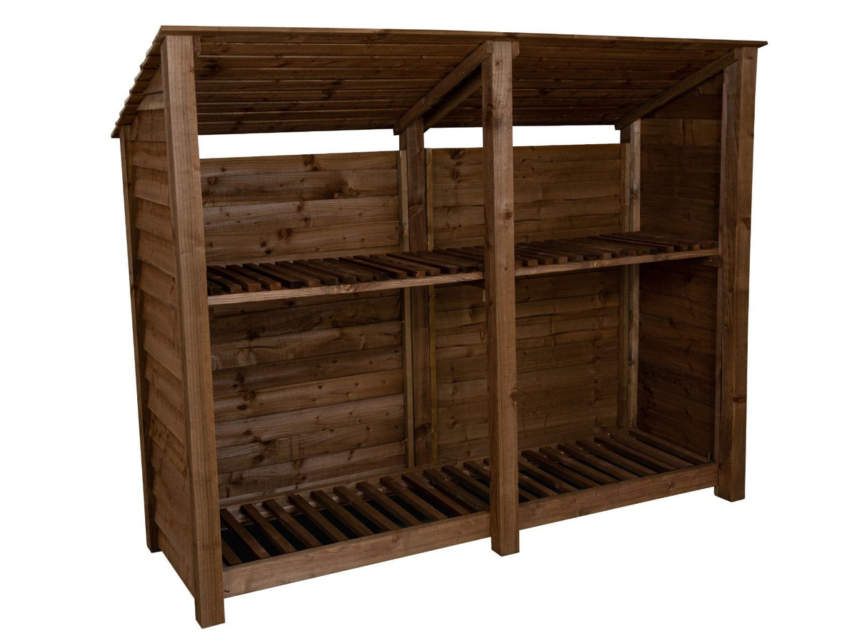 Wooden Log Store (Roof Sloping Back) with Shelf W-227cm, H-126cm or 180cm, D-88cm - Brown Finish - SGP Garden Ltd