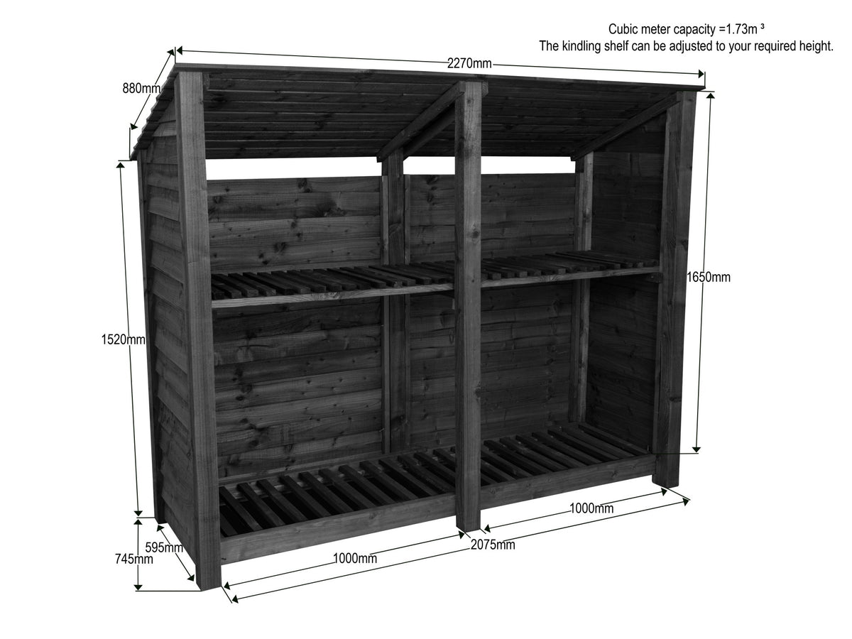 Wooden Log Store (Roof Sloping Back) with Shelf W-227cm, H-126cm or 180cm, D-88cm - Brown Finish - SGP Garden Ltd