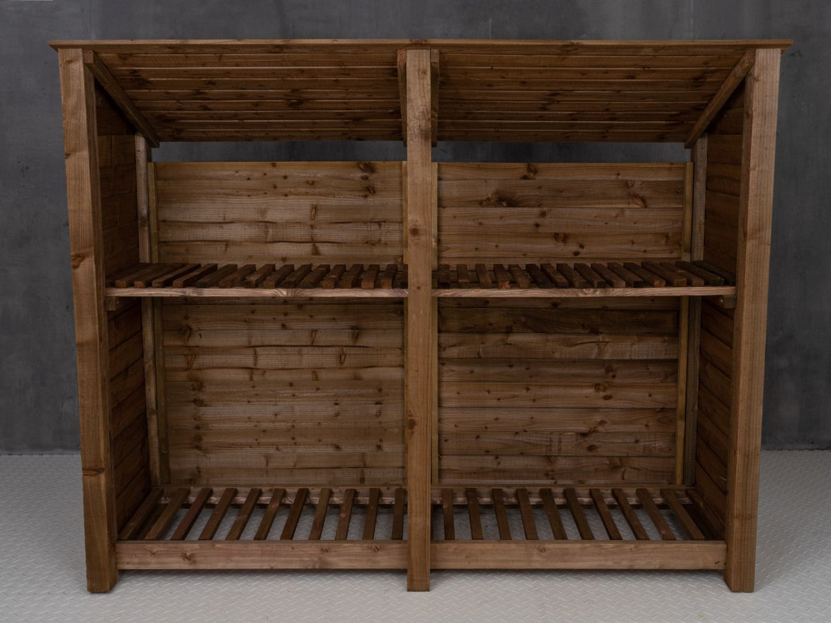 Wooden Log Store (Roof Sloping Back) with Shelf W-227cm, H-126cm or 180cm, D-88cm - Brown Finish - SGP Garden Ltd