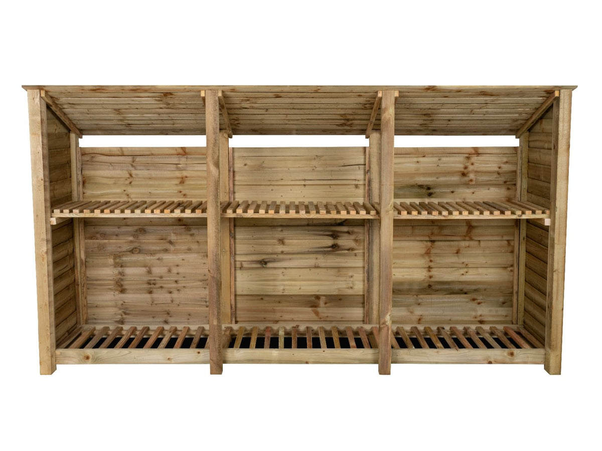 Wooden Log Store (Roof Sloping Back) with Shelf W-335cm, H-126cm or 180cm, D-88cm - SGP Garden Ltd