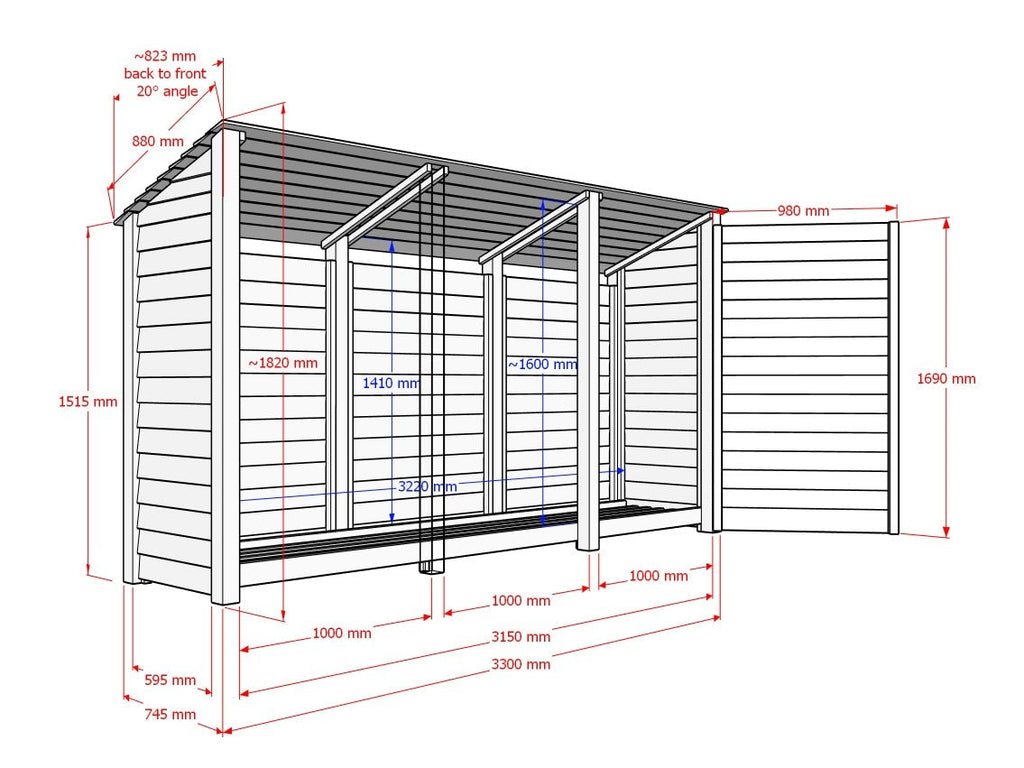 Wooden Log Store (Roof Sloping Back) with Shelf W-335cm, H-126cm or 180cm, D-88cm - Brown Finish - SGP Garden Ltd