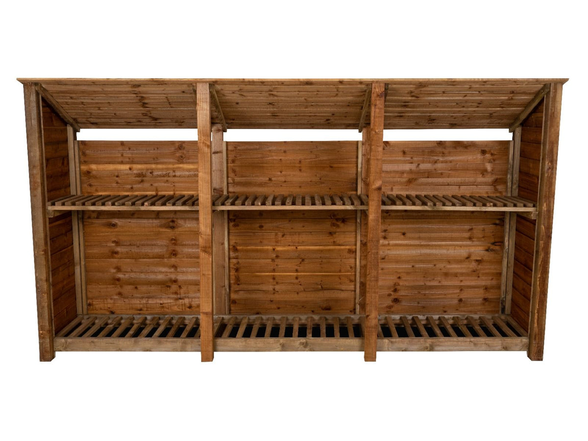 Wooden Log Store (Roof Sloping Back) with Shelf W-335cm, H-126cm or 180cm, D-88cm - Brown Finish - SGP Garden Ltd