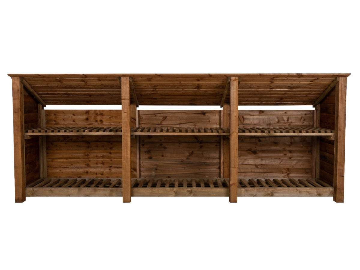 Wooden Log Store (Roof Sloping Back) with Shelf W-335cm, H-126cm or 180cm, D-88cm - Brown Finish - SGP Garden Ltd