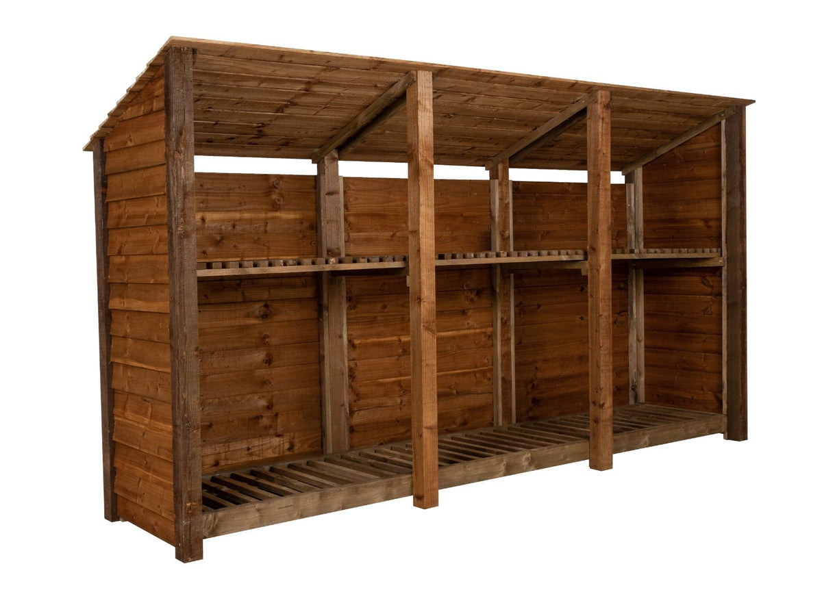 Wooden Log Store (Roof Sloping Back) with Shelf W-335cm, H-126cm or 180cm, D-88cm - Brown Finish - SGP Garden Ltd