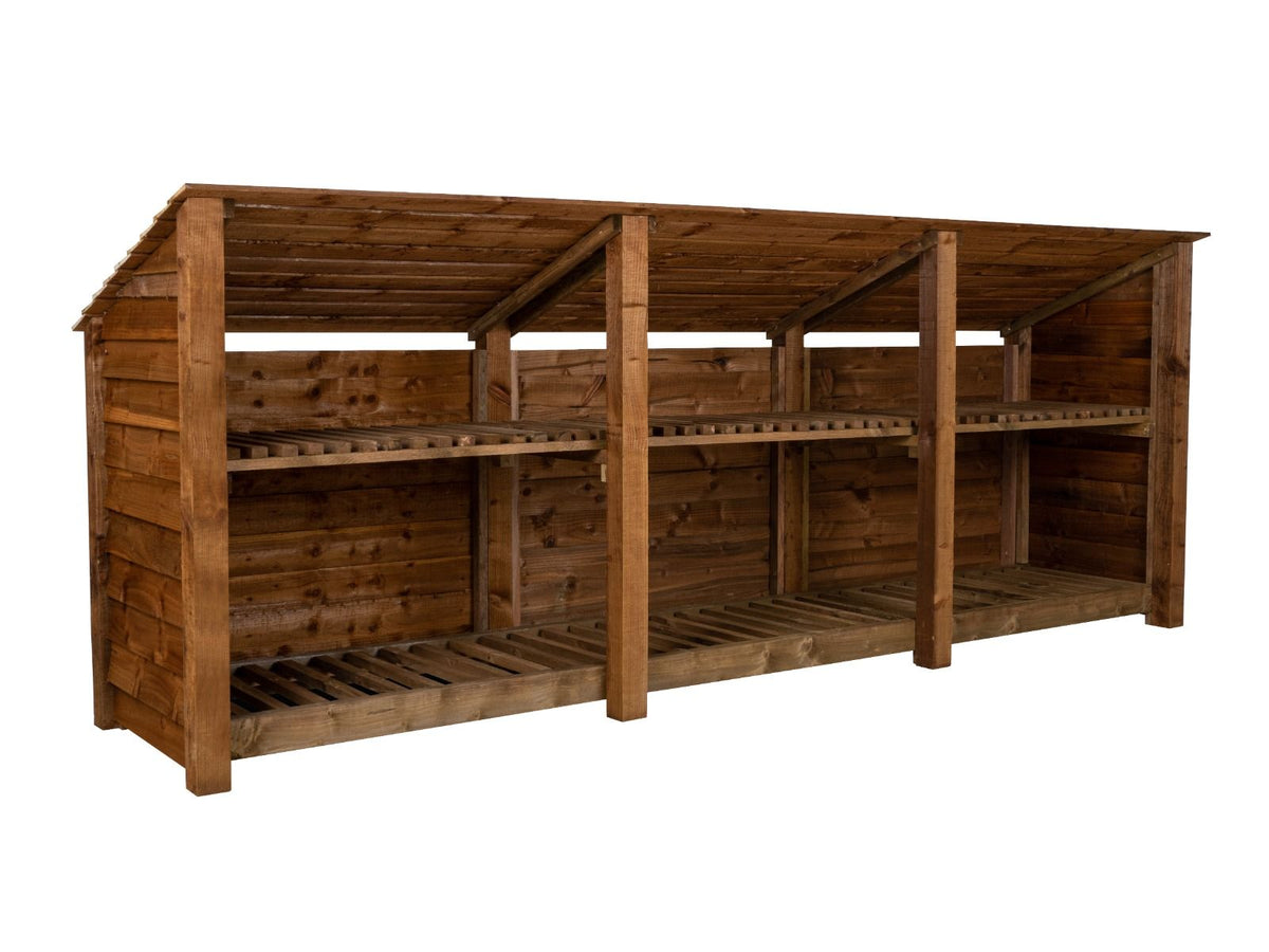Wooden Log Store (Roof Sloping Back) with Shelf W-335cm, H-126cm or 180cm, D-88cm - Brown Finish - SGP Garden Ltd
